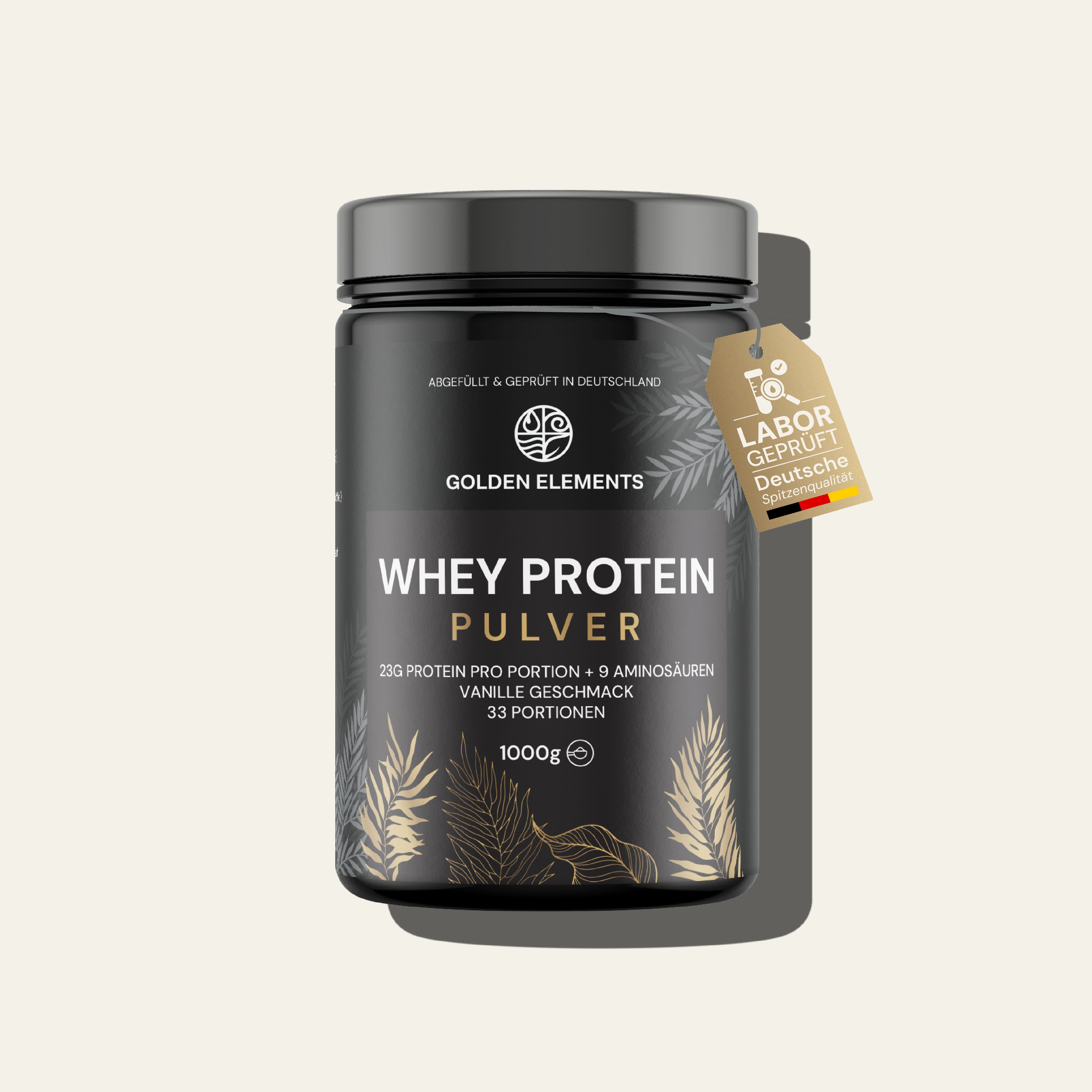 Whey Protein Vanille Geschmack – Golden Elements – 1000 g Dose mit 24 g Protein pro Portion